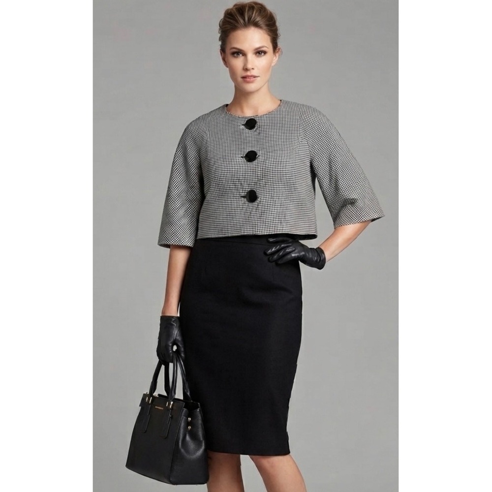Worthington Jacket Women XL Petite Black White Houndstooth Cropped 3/4 Sleeve